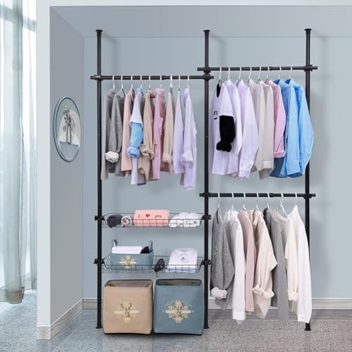 PFLife ハンガーラック 突っ張り ツッパリハンガーラック 突っ張りハンガーラック 服かけ ツッパリ棒 クローゼット 頑丈 伸縮 横75-120cm 高さ110cm-300cm 衣類収納 洋服ラック おしゃれ (ブラック, セット8)