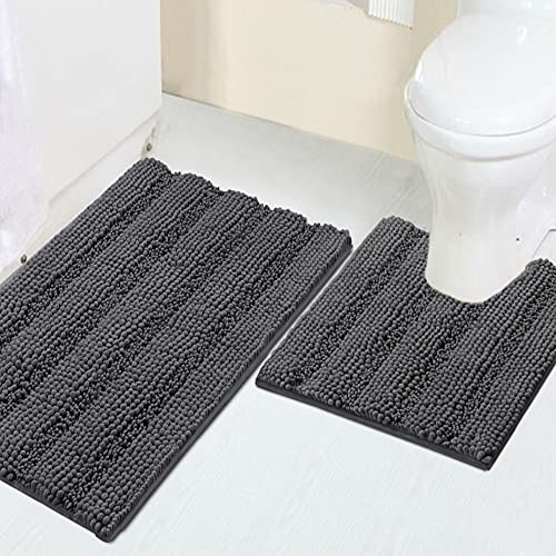 Image of 2 Piece Bathroom Rug Set with Toilet Mat, Soft Absorbent Chenille, Non-Slip