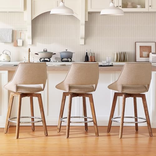Butacos giratorios de altura para barra, set de 3 unidades color arena, patas de madera maciza, asiento acolchado en tela, ideales para islas de cocina y bares domésticos miniatura 5