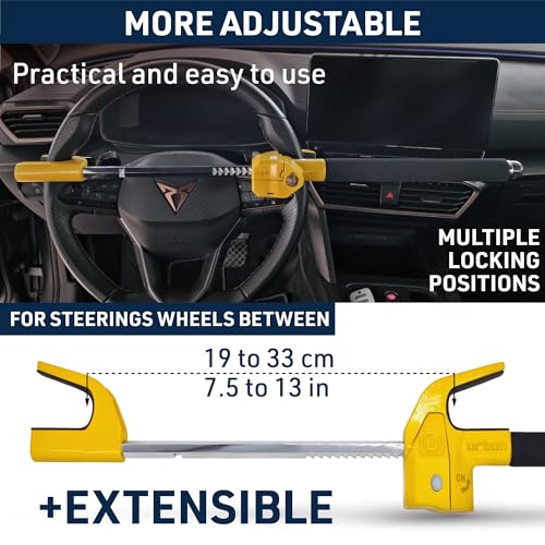 Urban UR978Y High Security Steering Wheel Lock Alarm 120dB, Most Visible Yellow Adjustable Steel Double Hook, Protective Pads, Safety Hammer, Universal Anti Theft Device for Car Auto Van Truck - Thumbnail 6