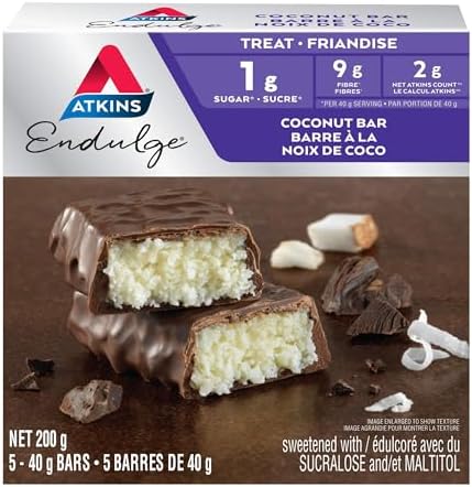 Atkins Endulge Bars - Coconut, Low Sugar, Keto Friendly, High Fibre, 1g Sugar, 2g Carbs, 5ct