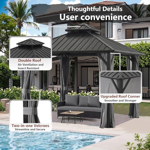 Endark 12x12FT Outdoor Hardtop Double Roof Gazebo with Galvanized Steel Roof, Heavy Duty Metal Frame Canopy with Mosquito Netting and Privacy Curtains (12 * 12FT) - Thumbnail 5