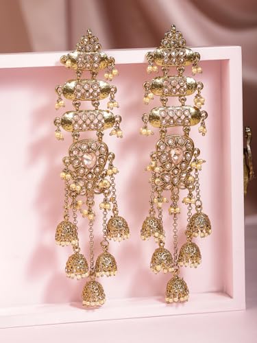 Image of Rubans Long Jhumka Earrings with Ear Chain Pearl Beaded Traditional Wedding Jewellery Gift for Women & Girls
