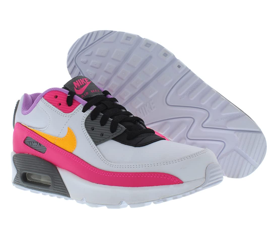 Nike Kids Air Max 90 LTR (GS) Leather Trainers (7, White/Laser Orange/Black, Numeric_7)
