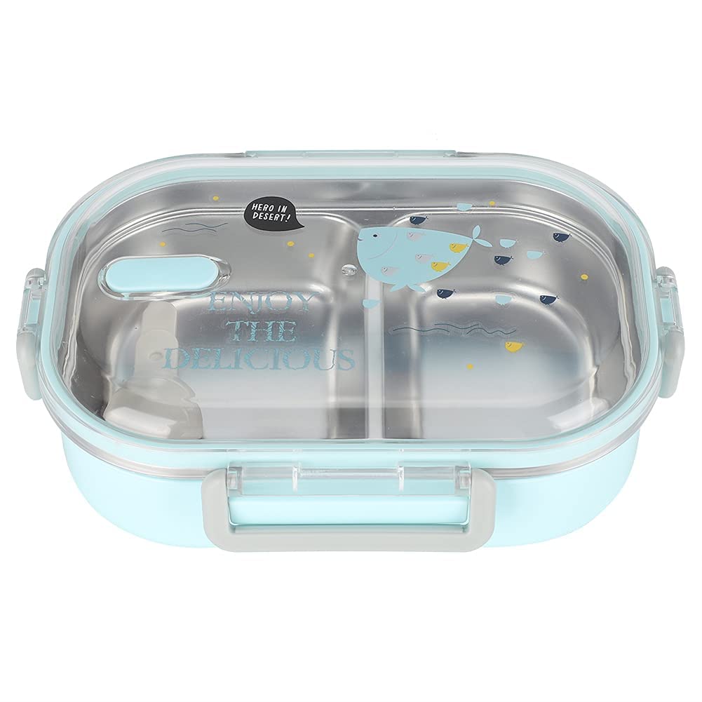 ExceforeStainless Steel Lunch Box, 650ml with Spoon Bento Lunch Box for Adult Kids for School Office Picnic Travel Outdoors (Blue)