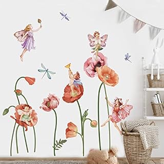 decalmile Poppy Flower Fairy Wall Stickers Floral Elf Wall Decals Baby Nursery Kids Room Living Room Wall Decor