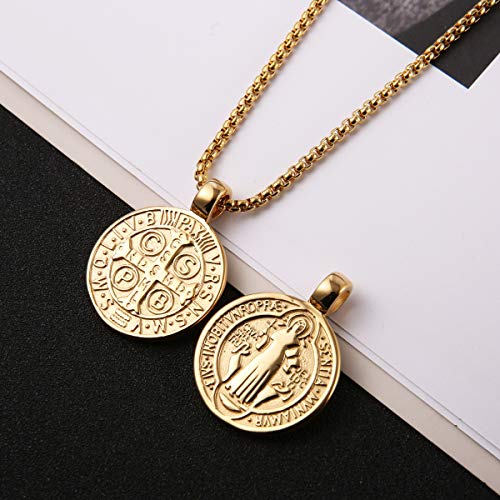 AsAlways St Benedict Necklace for Men Women Stainless Steel Retro Catholic Roman Cross Exorcism Round Medal Pendant Necklace Talisman Jewelry Gift4