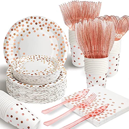 AIRE 175PCS White Rose Gold Party Supplies, Heavy Duty Disposable