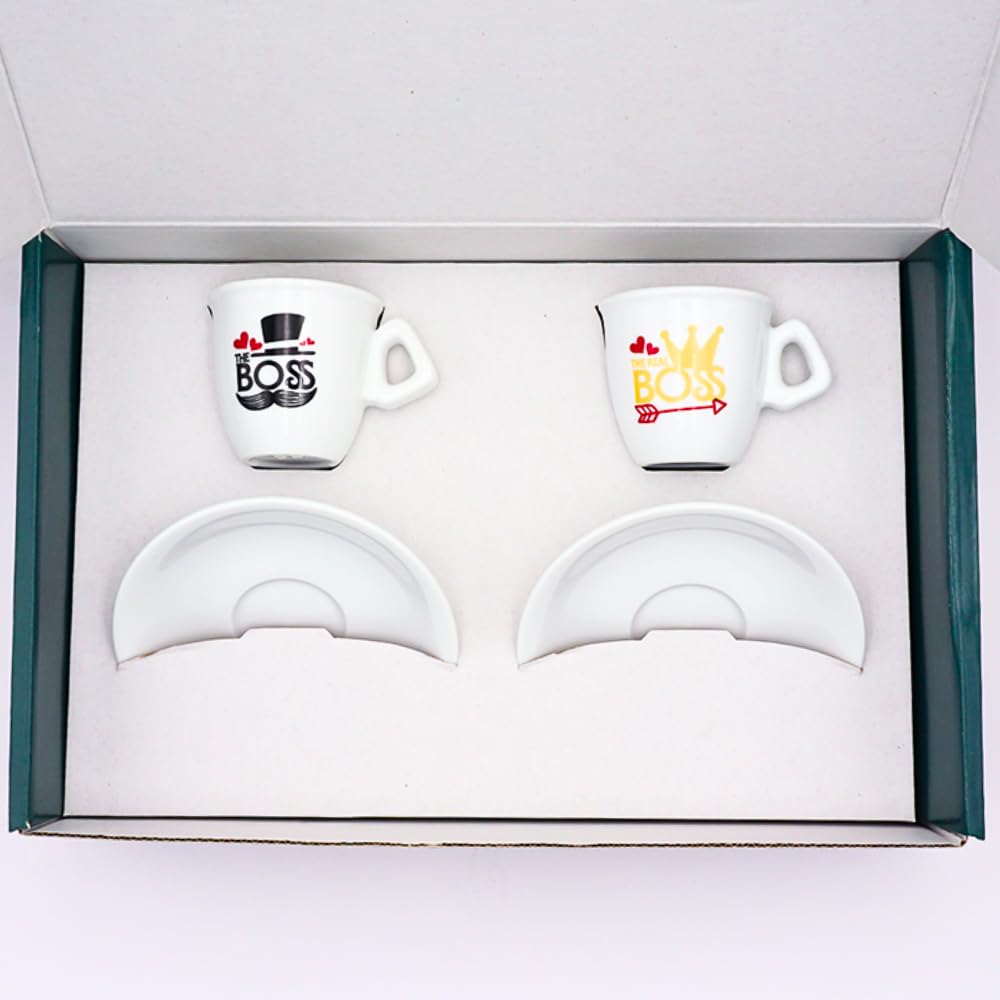 BrandPrint Set 2 Tazzine Caffè con Piattino - Serigrafia Artigianale THE BOSS, THE REAL BOSS in Box Elegante - 100% Made in Italy - Regalo Coppia San Valentino, Anniversario, Casa Nuova, Matrimonio