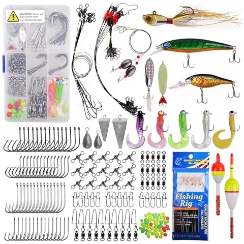 OROOTL Saltwater Fishing Tackle Kit, 212pcs Ocean Fishing Tackle Box Include Fishing Rigs Hooks Minnow Lures Jig Spoons Swivels Snaps Weights Wire Leaders Floats Beads Surf Fishing Gear Accessories Cover