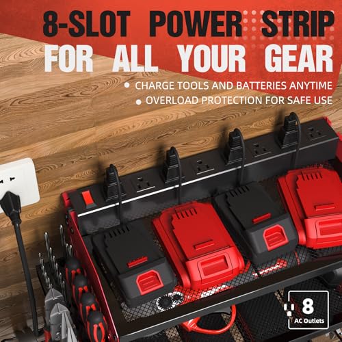 Gifts for Men Dad Husband Him Fathers Day, Power Tool Organizer with Charging Station, Wall Mount Garage Shelving with 6 Drill Holder, Garage Storage Built in 8 Outlet Power Strip,Battery Organizer by Veitorld - Image 2