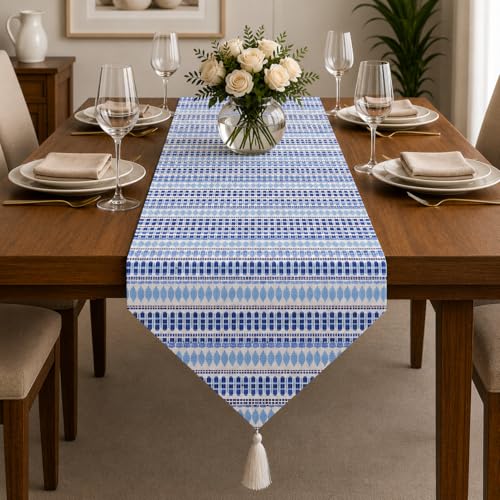 Image of STITCHNEST Woven Table Runner 13x60 Inches | Blue Geometric Design | Tassel Finish | Modern Dining Table Decor