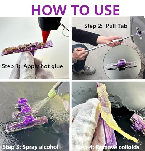 Image of 28Pc Dent Puller Glue Tabs, Car Body Dent Removal Pulling Hail Tabs | PDR Dent Hail Tabs, Paintless, ABS, Reusable, For Metal Body, Flat /Mild Curve, Small-Med Dents, Alcohol Release, Purple