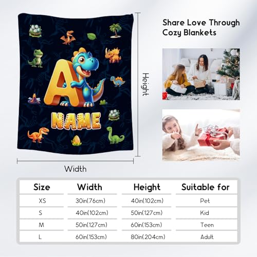 Dinosaur Blanket for Kids - Personalized Blankets Gifts for Boys - Cozy Lightweight Monogram Throw for Sofa & Bedroom Decor