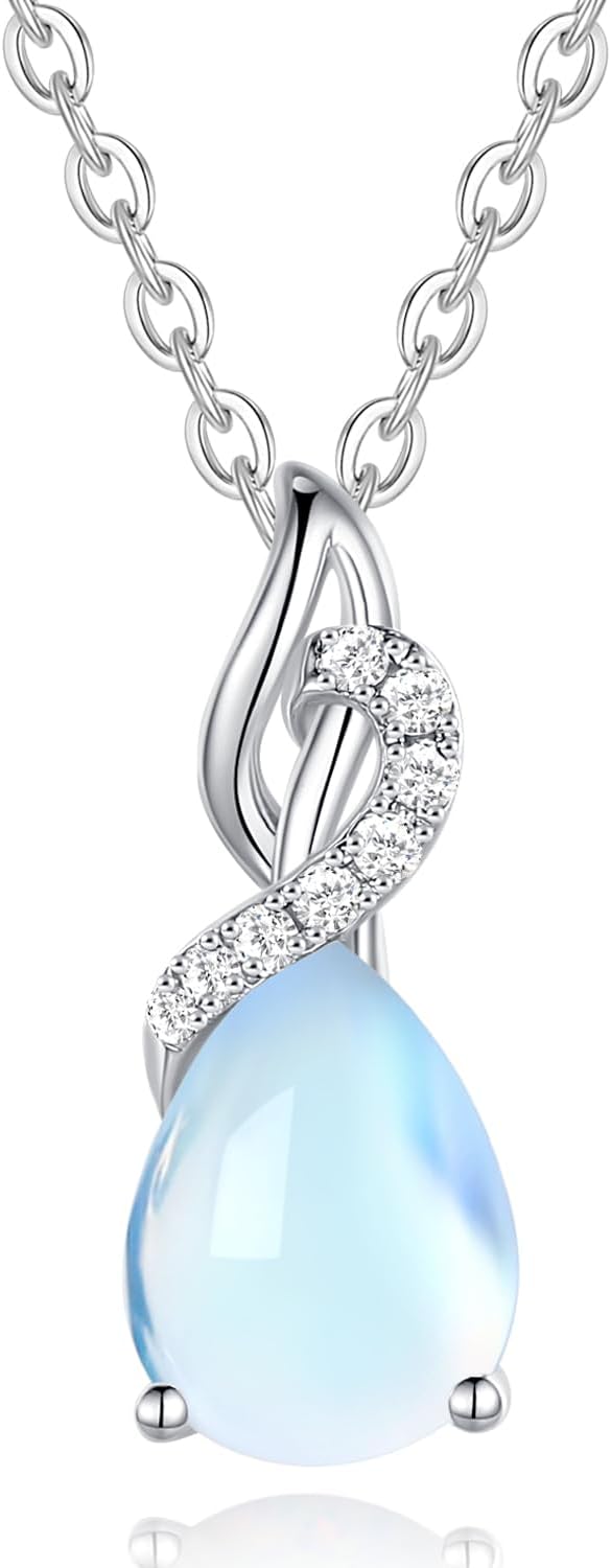 FANCIME 14K Solid White Gold Teardrop Pendant with Diamond Birthstone Necklace