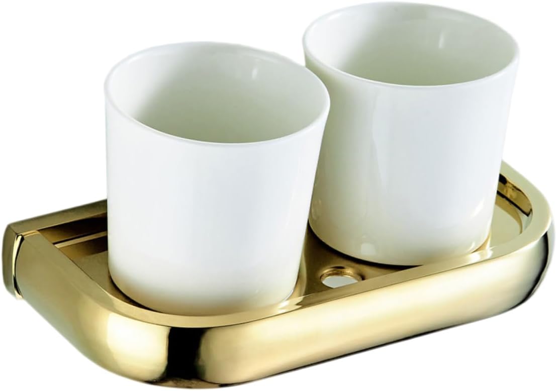 Amosfun Wall Mounted Toothbrush Cup Holder Brass Gold Plating Space Saving Storage Rack for Bathroom Accessories Double Mouth Design Rustproof