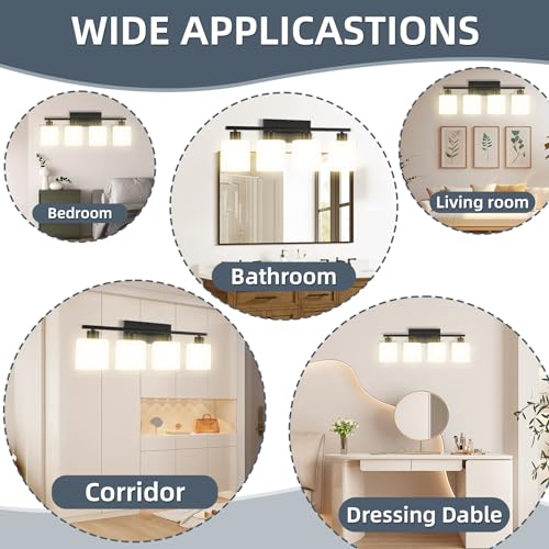 Image of CANMEIJIA 4-Light Bathroom Vanity Light Matte Black E26 Glass Wall Sconce | Modern Dimmable Milky White Shades with Waterproof Rust-resistant Finish for Mirror Restroom, Easy Installation