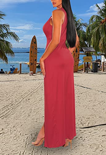 Image of Women's Sexy V Neck Sleeveless High Split Club Party Maxi Dresses