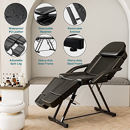 Icoget Tattoo Chair For Client W/Extend Split Legs And Headrest - Facial Esthetician Bed For Spa Massage Lash Microblading - Thickened Cushion Tattoo Table - Black #TOP4