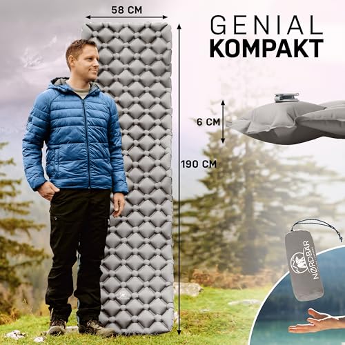 Foto von NORDBÄR® Camping Isomatte aufblasbar & Ultraleicht [mit oder ohne Kissen]| Iso Luftmatratze kleines Packmaß für Camping, Outdoor & Zelten | Campingmatte, Schlafmatratze, Reisematratze
