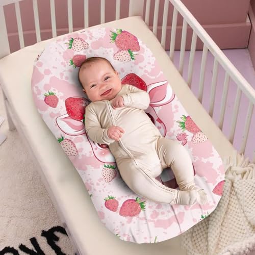 Image of ZOUTAIRONG Pink Bassinet Sheet Strawberry Cow Print Stretchy Bassinet Sheets Bassinet Crib Sheets Set Fitted for Baby Boy and Girl Comfort Fitted for Oval