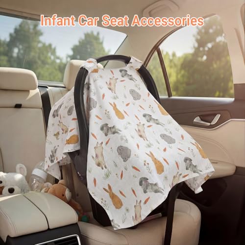 Image of Metplus Car Seat Cover Baby, 100% Muslin Cotton Infant Carseat Covers for Boys and Girls, Lightweight Breathable Canopy, Summer Stroller Sun Shade, Newborn Travel Essentials(Rabbit)