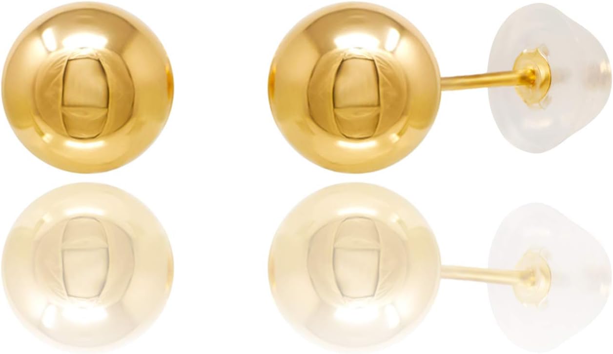 14kt Yellow Gold Balls Stud Earrings with Comfort Silicone Back (8mm)