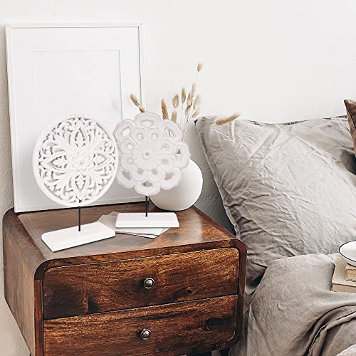 Axearte 2 Pack Wooden Carved Cutout Flower Medallion Sculpture, Rustic Distressed White Mdf Statues Home Tabletop Decor, Decorative Ornaments For Living Room, Bedroom, Office Desktop, Cabinets #TOP7