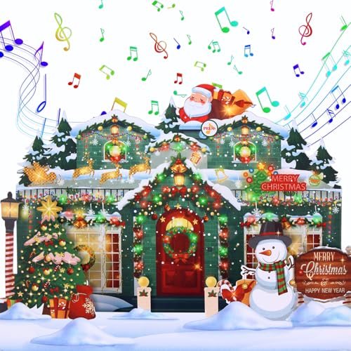 WUJUN 3D Pop Up Christmas Cards with Music & Lights, Animated Christmas Card, Playing 3 Songs with 3 Matching Lights Blinking Modes,Greeting Card Christmas House (Green)