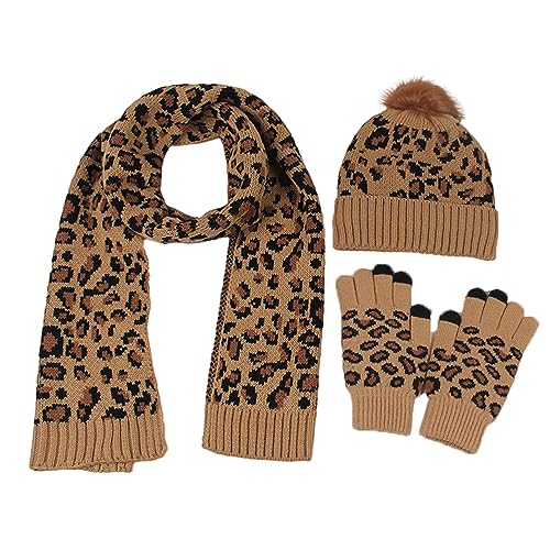 3 PCS Leopard Print Hat Scarf Glove Set Cheetah Print Knitted Beanie Touch Screen Gloves Winter Warm Gift Set - Main Image