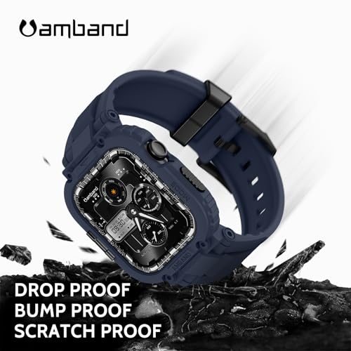 Image of amBand for Series 11 /10 Fits Apple Watch Bands Case 46mm Men, M1 Sport Durable Bumper compatible with iWatch 46 mm, Waterproof Gym Workout Accessories for Running Swimming Boating - Navy Blue
