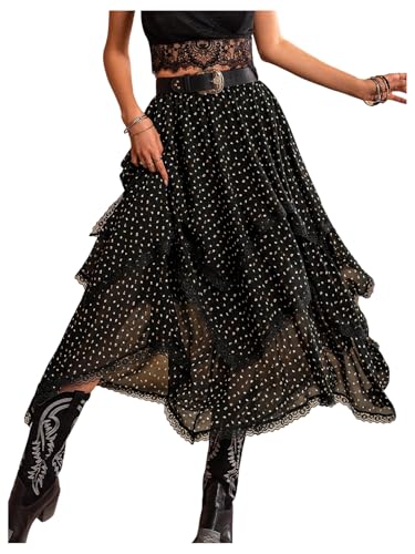 Verdusa Women's Boho Polka Dots Tiered Layered Ruffle Skirt Vacation Flowy Long Skirts