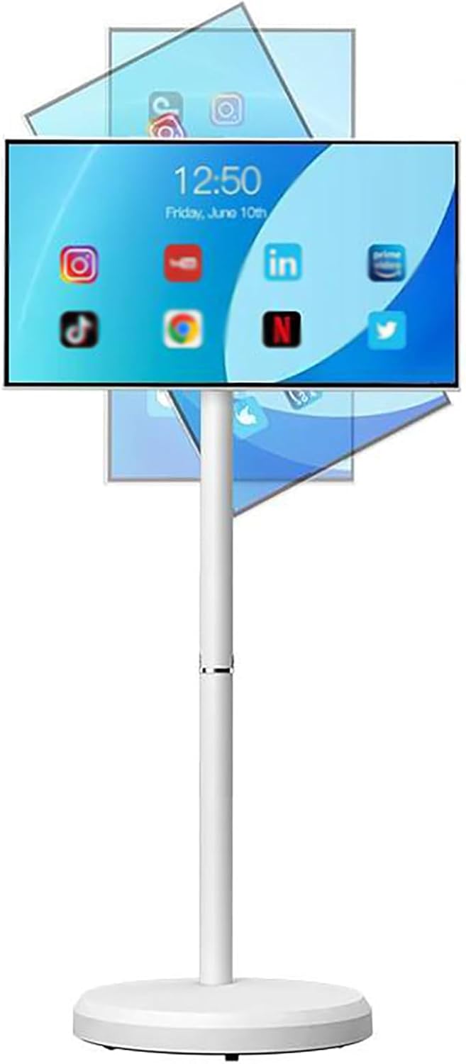 21.5 Inch Portable Screen TV, 1080p Touch Screen Monitor, Mobile TV Tablet on Wheels, Android 15, Built-in 13MP Camera, Full Swivel Rotation White