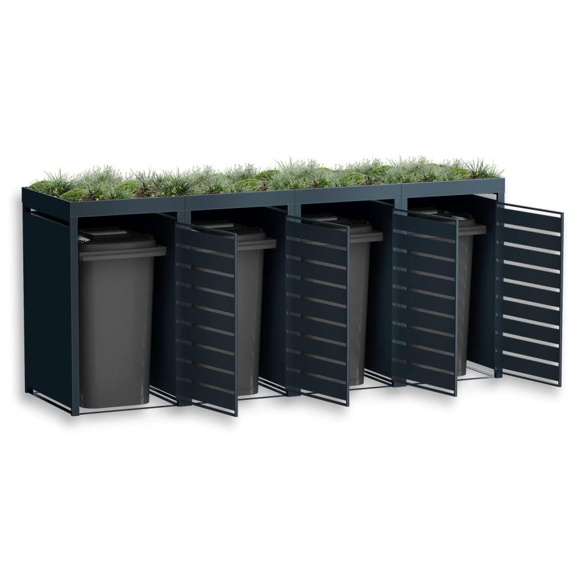 Metzler Mülltonnenbox 4er 240L in Anthrazit & Holzoptik mit Pflanzdach & Sichtstreifen, Mülltonnenverkleidung 4 Tonnen mit Automatikdeckel, Müllbox mit pulverbeschichtetem Stahl rostfrei, abschließbar