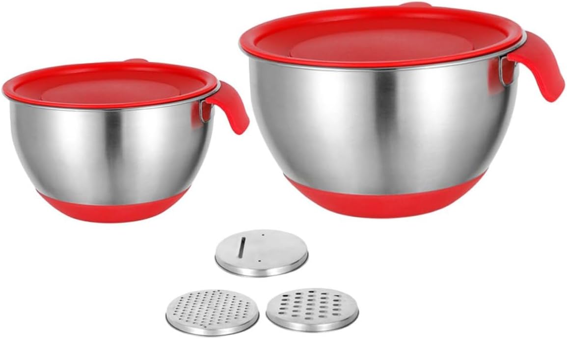 Stainless Steel Mixing Bowl Set with Red Handles Food Mixing Bowls with Silicone Non-slip Base Includes Lids Grater Accessories for Kitchen Prep and Salad Serving