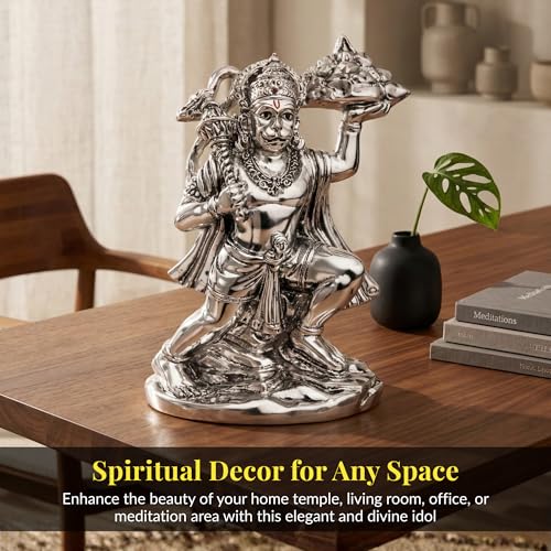 Image of Silver Plated Standing Hanuman Idol - 5.5 Inch Divine Bajrangbali Statue Holding Dronagiri Mountain for Home Mandir and Office - Auspicious Vastu Decor and Spiritual Gift
