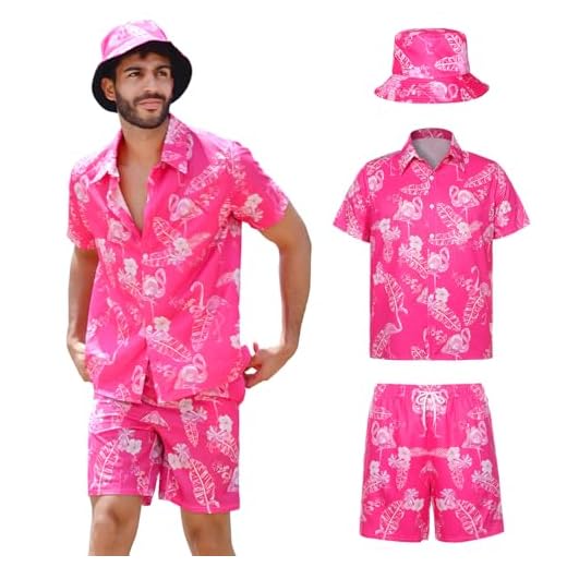 SERTAS Mens Hawaiian Shirt and Shorts Hat Set,Hawaiian Shirts for Men,Summer Hawaiian Shirt Shiteshirts,Shiteshirts for Indoor Outdoor Beach Seaside Holiday Size S-3XL (Pink, XXL)