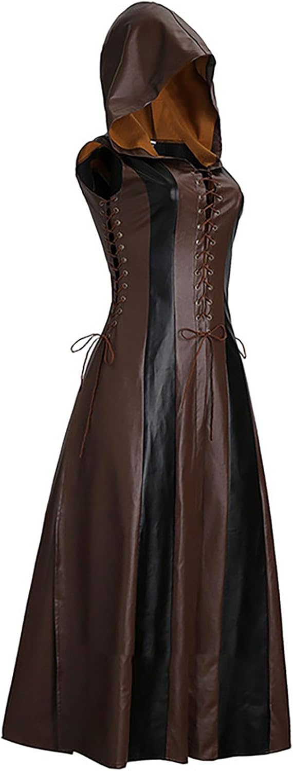 Oplxuo Women Steampunk Gothic Dress Faux Leather Halloween Cosplay Costume Hooded Sleeveless Lace Up Color Block Maxi Dresses