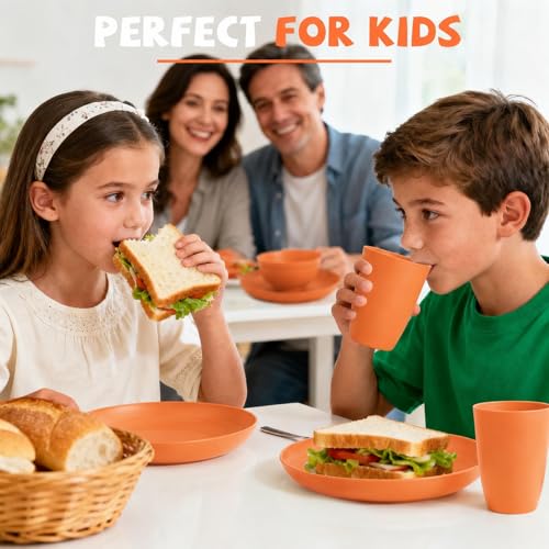 Image of Kids Wheat Straw Dinnerware Sets for 4, 20 Piece Unbreakable Dinnerware Set, Plates and Bowls Sets, Kitchen Plates and Bowls Set, Lightweight Dish Set for Picnic, Camping, and Daily - Orange