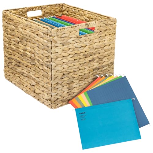 HMF Panier de Rangement pour Dossiers Suspendus A4, Panier Jacinthe d’Eau Compatible KALLAX avec Poignées | Incl. 8 Dossiers Suspendus | 33 x 38 x 32 cm |...