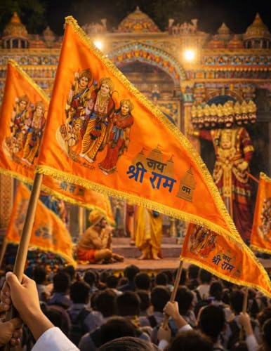 Image of BookMyCostume Religious & Spiritual Decoration Collection - Saffron Flags, Bunting Ladi, & Ethnic Stoles - Devotional Accessories for Temple, Festivals, Puja, Rallies & Daily Rituals