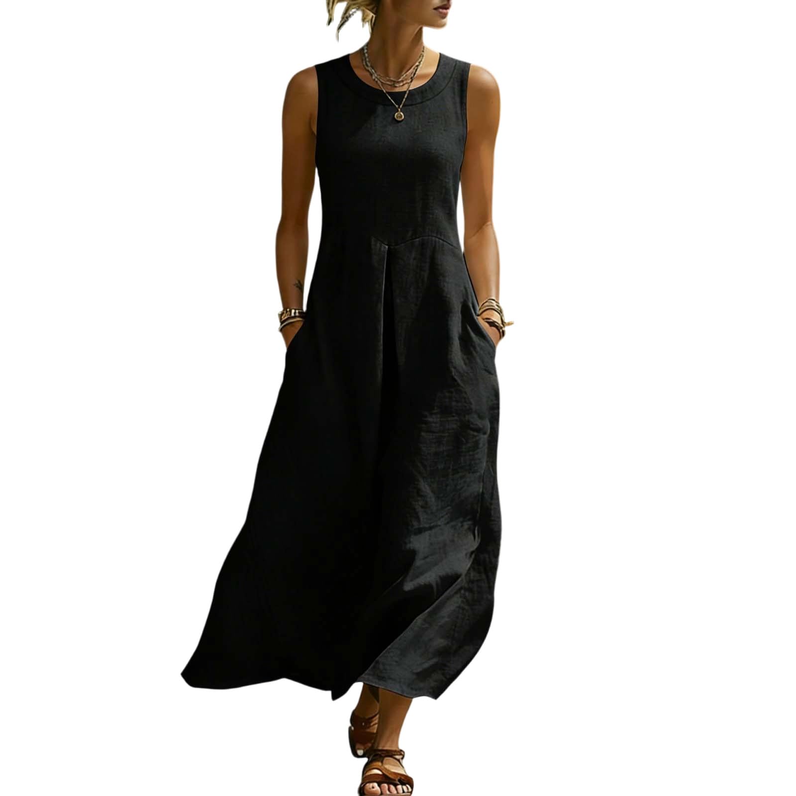 YBEBEWE Sommerkleid Damen Musselin Kleid Boho Elegant Tunikakleid Leinenkleider Strandkleid Leicht Und Luftig Ärmellose Kleid Lässige Trägerkleid Freizeitkleid Baumwolle Leinenkleid mit Taschen
