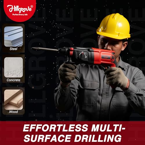 Image of Hillgrove H26H7 3 Modes Electric Rotary Hammer Drilling Impact Machine Industrial 26mm Hammer Impact Drill Machine Forward /Reverse Rotaion with 5 Bits for Making Holes in Metal /Wood /Concrete (1200 W)