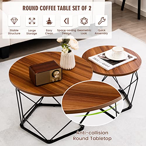 Costway Round Coffee Table Set Of 2, Industrial Nesting Accent Tea Table W/Rustproof Steel Frame, Non-Slip Eva Pads, Small Side End Tables For Living Room, Bedroom, Office, Rustic Brown #TOP3