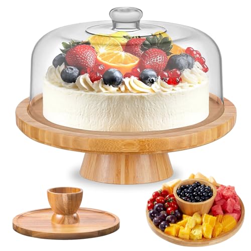 MEETOZ Soporte para tartas de madera de acacia con tapa acrílica, soporte redondo de 12 pulgadas, juego de mesa de postre multifuncional 2 en 1, tabla de embutidos para queso, patatas fritas y salsas