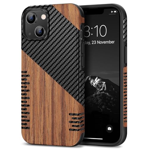 TENDLIN Compatible with iPhone 14 Case Wood Grain with Carbon Fiber Texture Design Leather Hybrid Slim Case (Twill)