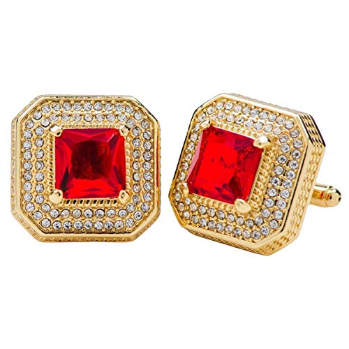 Vittorio Vico Square Colored Crystal Diamond Set Cufflinks for Men - Unique Mens Jewelry - Best Gift for Him, Dad, Uncle, Bestfriend, Groom (Gold Metal, Red Crystal)