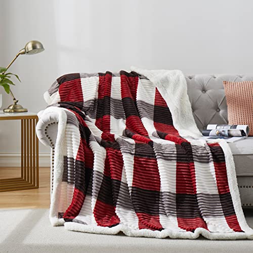 PU MEI Sherpa Blanket Full/Queen Plaid Thick Bed Blanket, 90”*80” Super Soft Flannel Fuzzy Fleece Reversible Velvet Plush Warm Blanket for Couch(Red Check, 80"*90")