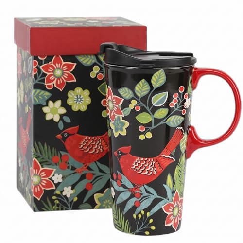 TZSSP 17oz Ceramic Travel Mug with Lid, Cardinal Holly Folk Art Coffee Mug