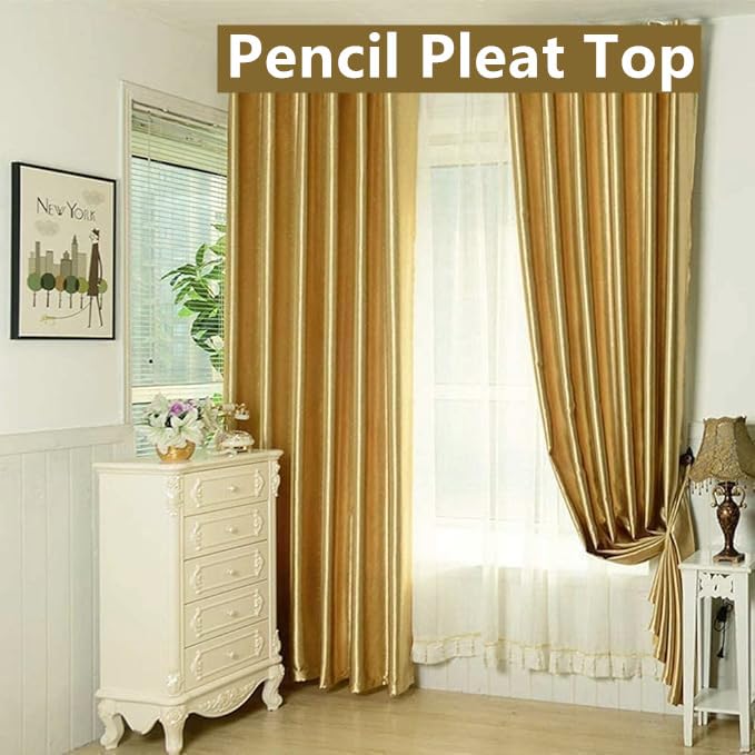 MYRU Elegant 2-Panel Shiny Gold Pencil Pleat Curtains, Room Darkening, 66x84 Inch - Image 3